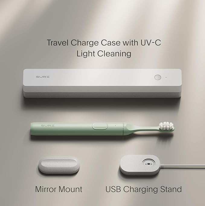 SURI 1.0 Sonic Electric Toothbrush with UV Cleaning Travel Case | 1 Month+ Battery | Designed in California | Electric Toothbrush for Adults | Travel Toothbrushes | Tooth Brush | Green
