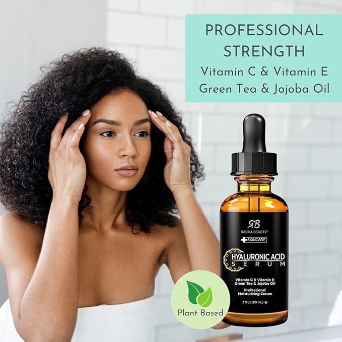 Radha Beauty Hyaluronic Acid Serum for Skin, 2 fl. oz - Infused with Vitamin C, Vitamin E, Green Tea & Jojoba Oil, Intensive Moisture and Hydration for Anti-Aging, Wrinkles, and Fine Lines