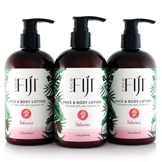 Coco Fiji Face & Body Lotion Infused With Coconut Oil | Lotion for Dry Skin | Moisturizer Face Cream & Massage Lotion for Women & Men |Tuberose 12 ozPack of 3
