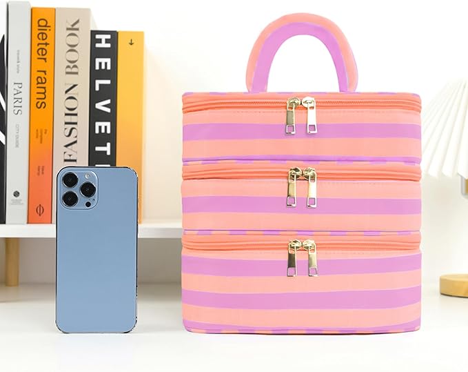 Three Layer Makeup Bag for Women Fashion Stripes Cosmetic Bag Preppy Style Travel Water-Resistant Toiletry Bag for Storage Toiletries Cosmetics Sets for Women Teen Girls Purple
