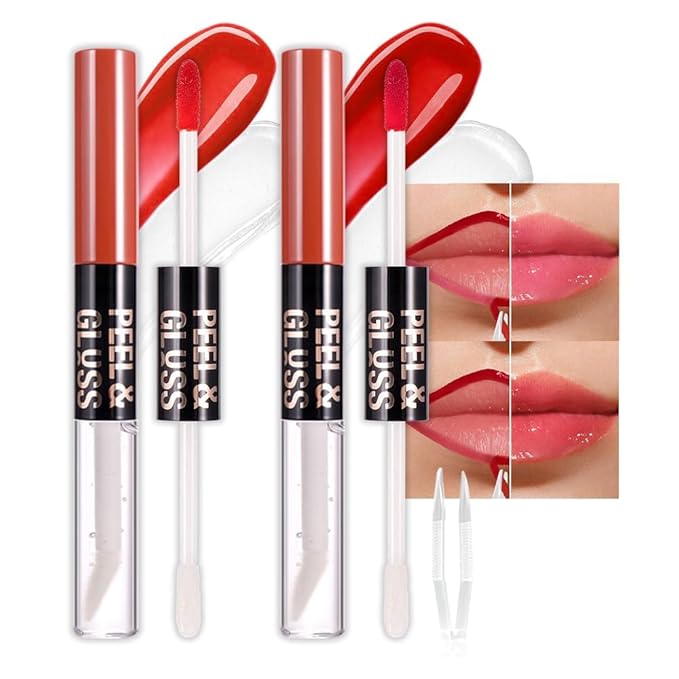 2Pcs Peel off Lip Stain Lip Oil Dual Ended Combo Set with Tweezer, 2 in 1 Baby Pink & Vivid Coral Lips Liner Stain Oil Long Lasting Waterproof, High Pigmented Flawless Lips Tint Stick Not Faded
