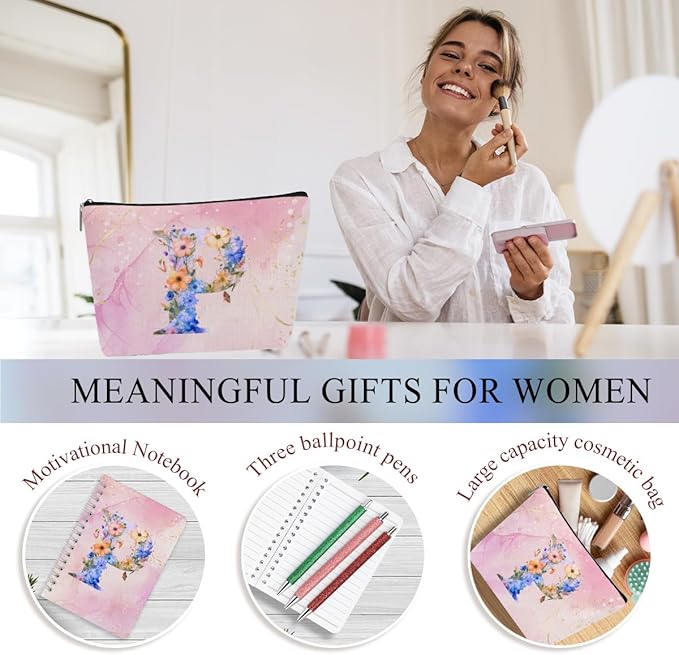 Personalized Gifts Monogrammed Birthday Gifts for Women, Mommy, Female Going Away Christmas, Initial 20 oz Tumbler, Makeup Cosmetic Bag Cup Pens Journal Notebook 6 Set, (Aesthetic Pink Flower P)