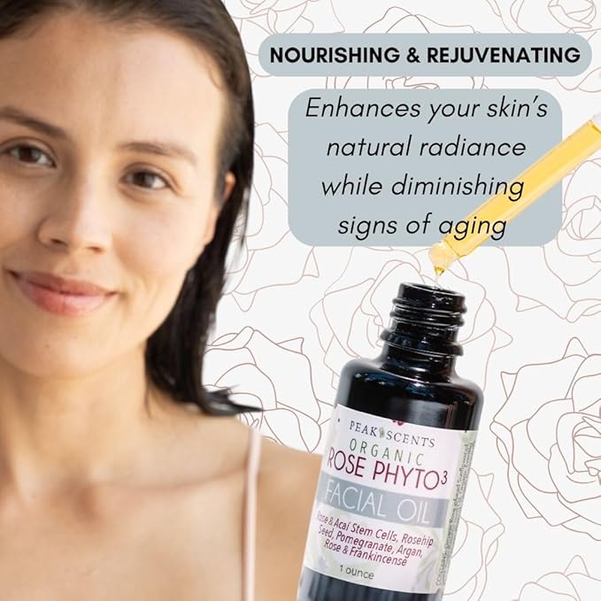 Peak Scents Organic Rose Phyto Facial Oil - Rosehip and Argan Oil Infused with Rose Extract and Frankincense Essential Oil - Ideal for Gua Sha Massage, Anti-Aging Face Oil (1oz)