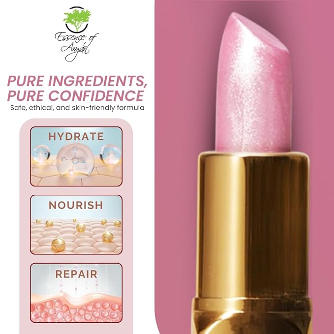 Essence Of Argan Pink Lip Stick for Cracked and Dry Lips - 100% Pure Argan Oil, Shea Butter, Jojoba Oil & Aloe Vera - Hydrating Long Lasting Lipstick - Deep Moisturizing Pink LipStick for Women