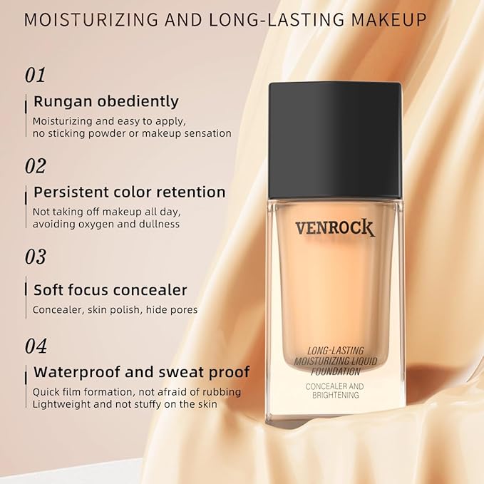 VENROCK 24HR Long-Lasting Moisturizing Liquid Foundation | Radiant, Waterproof, Concealing & Oil-Control (02# Beige, 30ml)