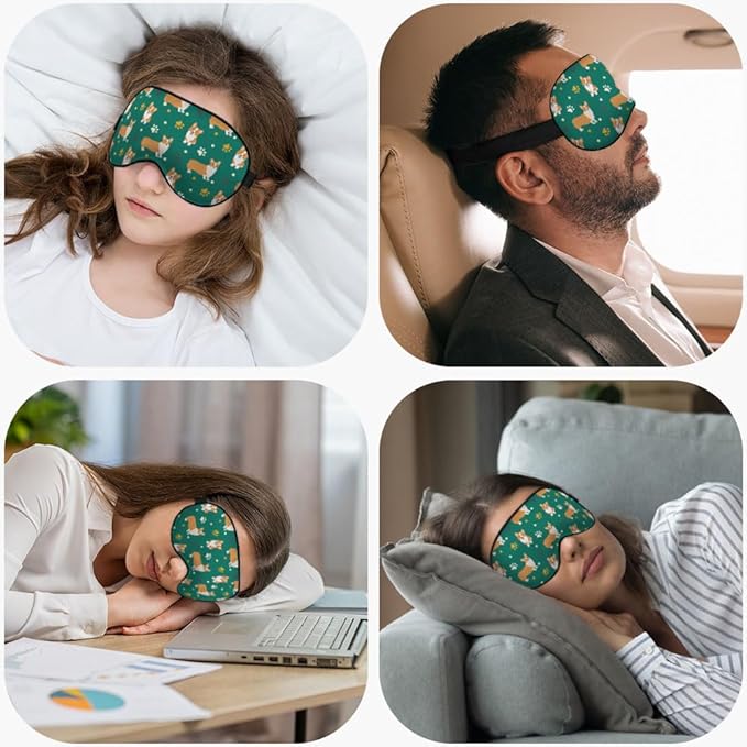 Funny Dog Sleep Mask Eye Mask Corgi Cute Puppies Cartoon Pet Animal Green Sleep Mask Light Blocking Adjustable Smooth Soft Eye Masks for Women Deep Rest Travel