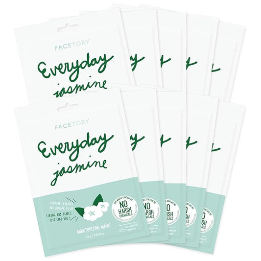 FACETORY K Beauty Face Mask Skin Care - Everyday JASMINE Moisturizing Sheet Mask | Plant-Based with Jasmine Infusion (10 Pack)