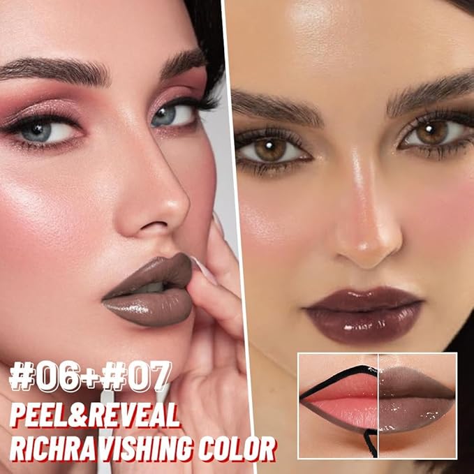 2Pcs Peel off Lip Stain Lip Oil Dual Ended Combo Set with Tweezer, 2 in 1 Brown & Maroon Lips Liner Stain Oil Long Lasting Waterproof, High Pigmented Flawless Lips Tint Stick Not Faded