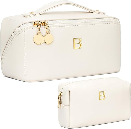 Birthday Gifts for Women Teen Girl, Personalized Initial Makeup Organizer Bag Set, Open Flat Travel Cosmetic Bag With Clear Divider and Handle(Beige,B)