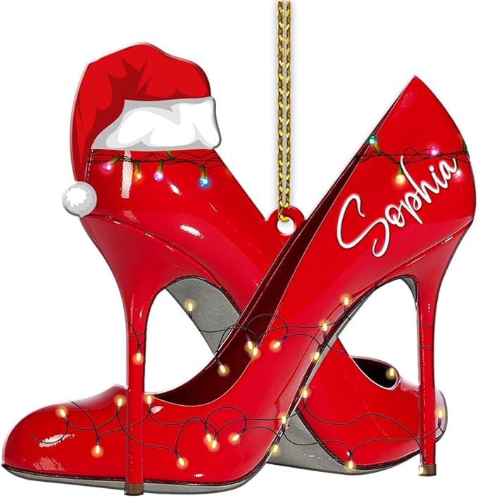 Personalized Name Red Shoes Christmas Shape Flat Ornament, Red High Heel Shoe Xmas Ornament, Shoe Lover Hanging Tree Keepsake, 95