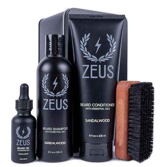 ZEUS Deluxe Men’s Beard Care Gift Set – Luxury Holiday Grooming Kit with Wash, Oil & Brush, Perfect Present for Husband, Dad or Boyfriend (Sandalwood)