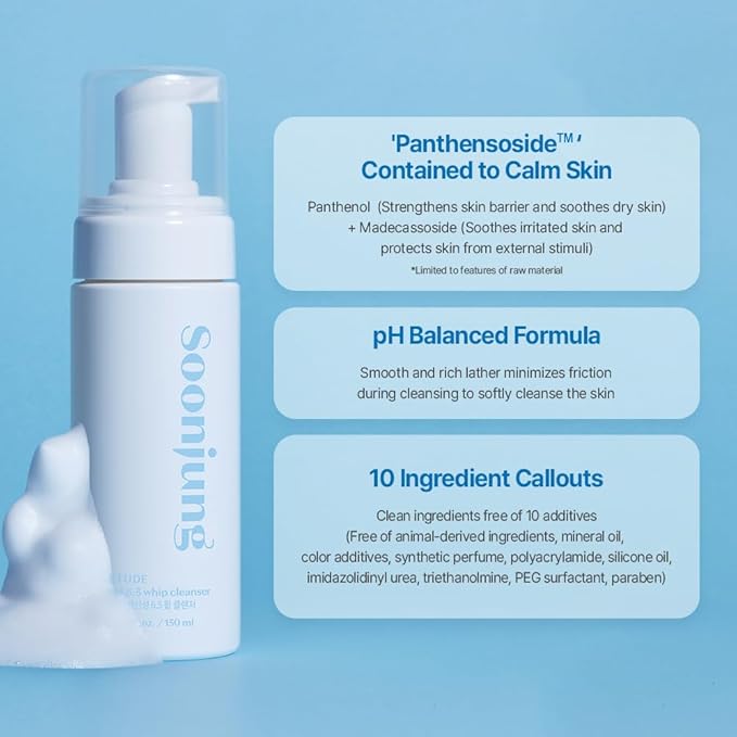 ETUDE Soonjung pH 6.5 Whip Cleanser, Face Wash for Sensitive Skin, Soft Bubble, Hypoallergenic Cleansing, Low pH Level, Fragrance-Free, Panthenol, Madecassoside, Korean Skin Care, Beauty (8.45 Fl Oz)