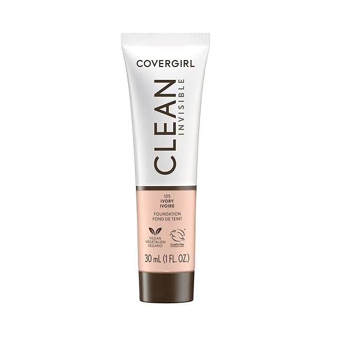 COVERGIRL Clean Invisible Foundation Makeup, Dewy & Glowy Natural Finish, Buildable Coverage, Skin-Like Smooth Look, Vegan, Ivory, 1oz