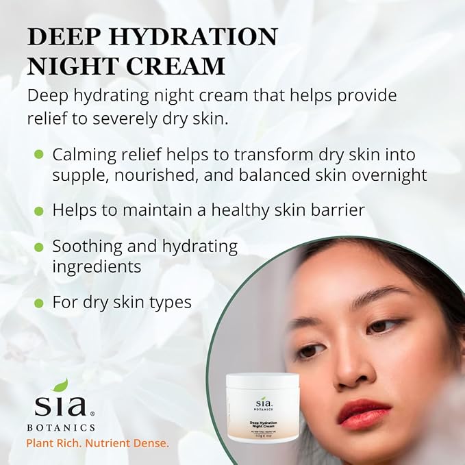Sia Botanics Deep Hydration Night Face Cream (118ml/4oz Tub) | Facial Moisturizer w/Jojoba, Evening Primrose, Vitamin E | Natural, Clean, Botanical Skincare for Women