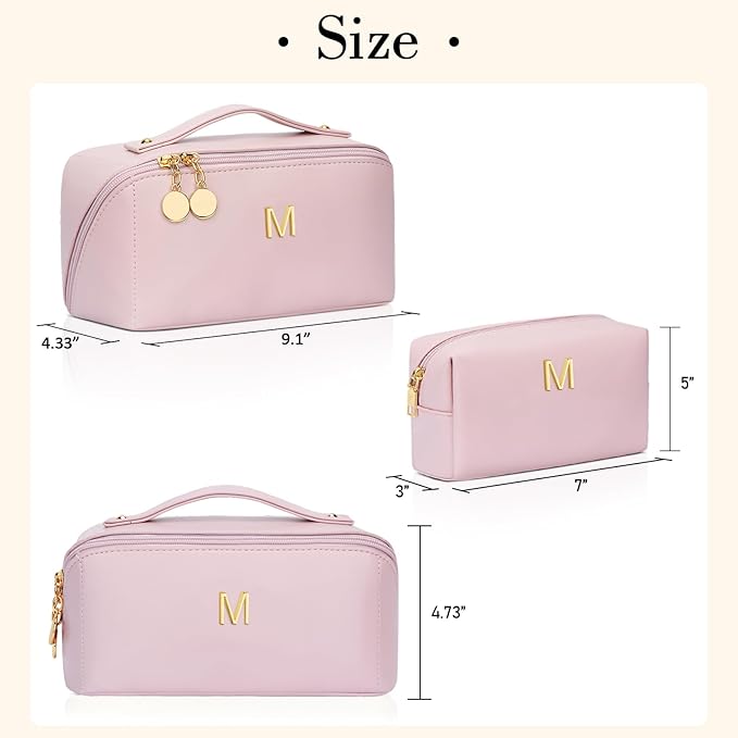 Birthday Gifts for Women Teen Girl, Personalized Initial Makeup Organizer Bag Set, Open Flat Travel Cosmetic Bag With Clear Divider and Handle(Pink,M)