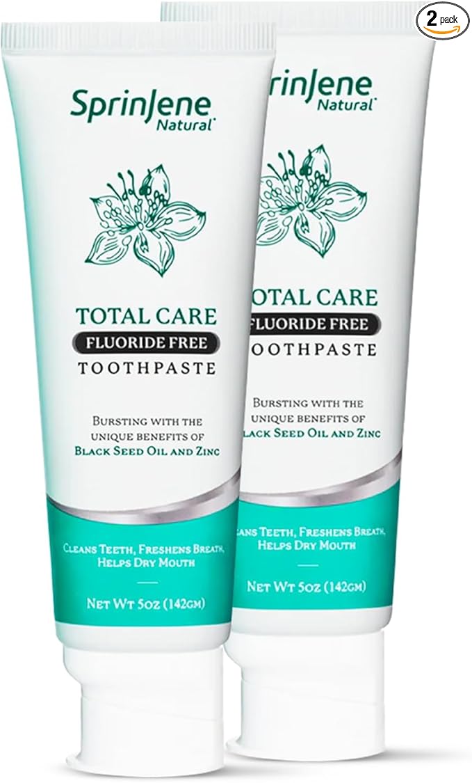 SprinJene Natural Total Care Fluoride Free Toothpaste – Patented Formula with Black Seed Oil & Zinc – Dry Mouth Toothpaste for Fresh Breath & Strong Teeth – Made in The USA (2 Pack)