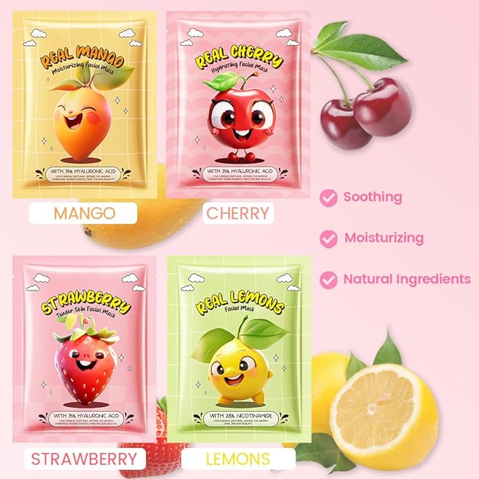 12 Pack Fruit Kids Face Mask,Pink Face Masks Skincare Spa Day Kit Supplies,Spa Party Favors for Teens Girls Women,Sheet Facial Mask Skincare Gifts Set,Moisturize Soothe for All Skin Types