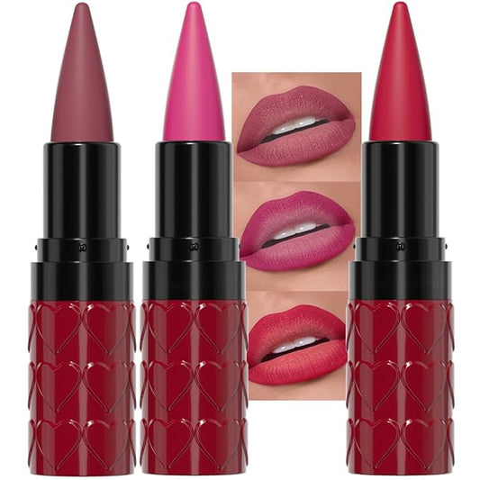 evpct 3Pcs Mauve Hot Pink Bright Red Gradient Matte Lipstick Lip Liner Combo Set for Older Women Long Lasting Waterproof, Lips Stick Crayon Cream Lip Liner Lipstick Combo Makeup, Flawless Ombre Effect