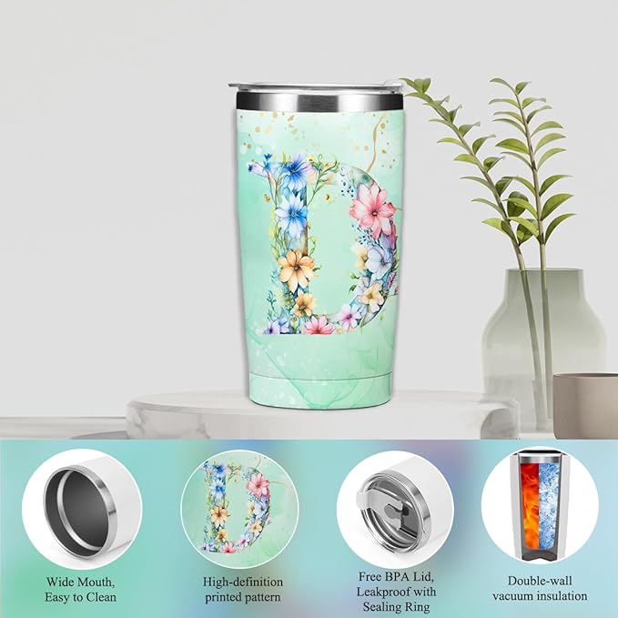 Personalized Gifts Monogrammed Birthday Gifts for Women, Boss Teacher Appreciation Christmas Initial 20 oz Tumbler, Makeup Bag Cup Ballpoint Pens Journal Notebook 6 Set, (Aesthetic Green Flower D)