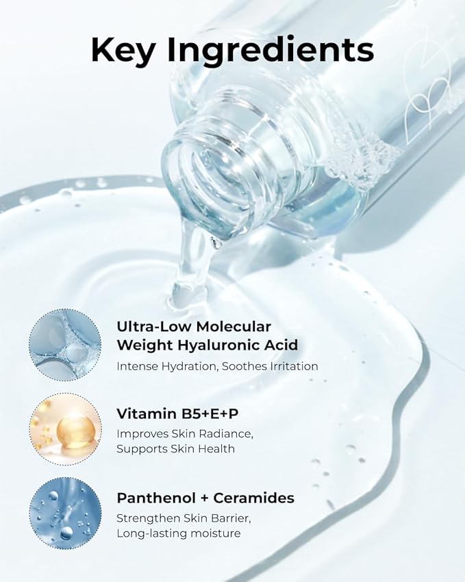 BOM Hyaluronic Acid Moisture Toner 6.76 fl oz, Lightweight Vegan Toner with Vitamins, 72 Hour Hydration Lock, Non Sticky Formula, Hypoallergenic, Sensitive Skin, Korean Skincare