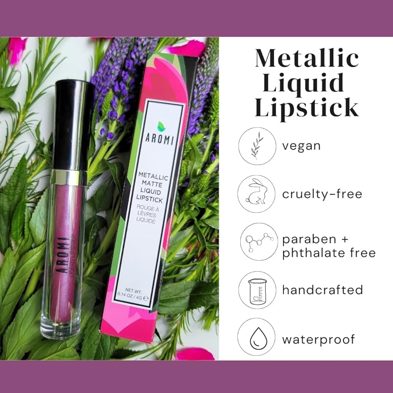Aromi Plum Mauve Metallic Liquid Lipstick | Long-lasting, Purple Lip Color with Shimmery Finish, Waterproof, Vegan, Cruelty-free, Gluten and Paraben Free (Vulgar Violet)