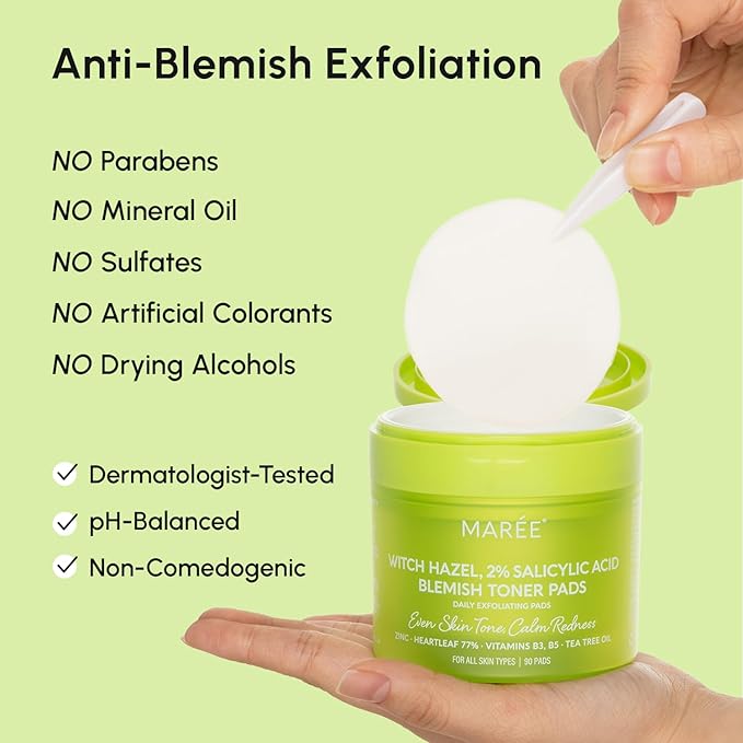 MAREE Blemish Acne Clearing Polishes - Daily Facial Radiance Toner Pads - Witch Hazel Pads Acne Face Toning - Acne Skin Care with BHA Salicylic Acid - Blemish Clearing Witch Hazel Device