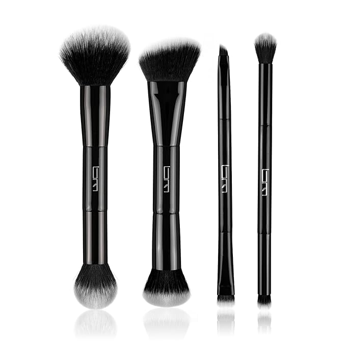 4Pcs Duo End Makeup Brushes, Foundation, Powder, Contour, Concealer, eye makeup Brush, Double-ended Multi-functional Synthetic Cosmetic Tools Makeup Brushes(Black)
