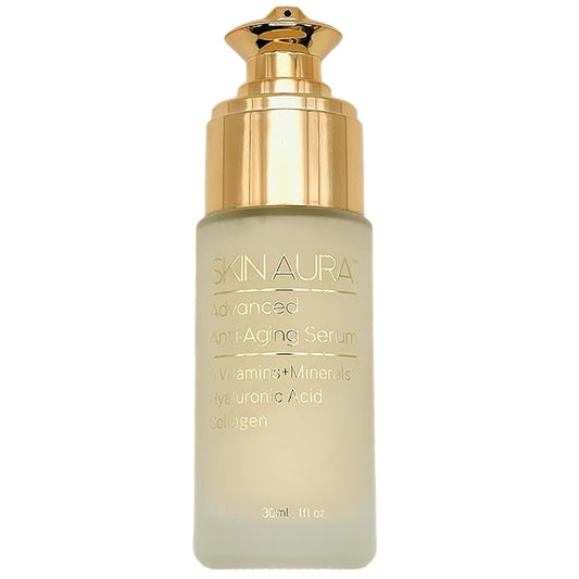 SKIN AURA™ Advanced Anti-Aging Serum | All-In-One Sensitive Formula for Wrinkles, Fine Lines & Age Spots | Plant Derivative with Hyaluronic Acid, Collagen Peptides, 5 Vitamins + Minerals - 30ml (1oz)