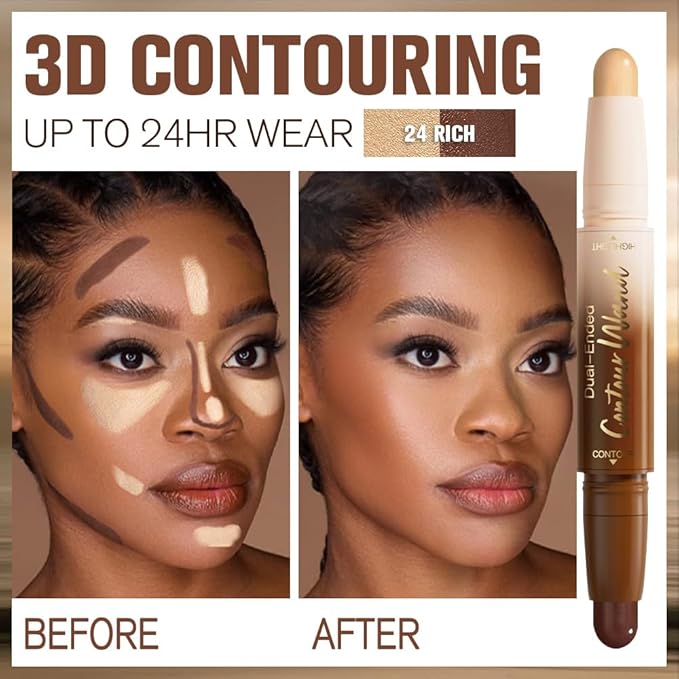 2Pcs Cream Contour Stick Face Body Makeup Dual Ended, Nude Light Beige & Nude Brown no Transfer Waterproof 2 in 1 Cream Concealer Stick Contouring Makeup Set, Nose Contour Bronzer Sticks Highlighter