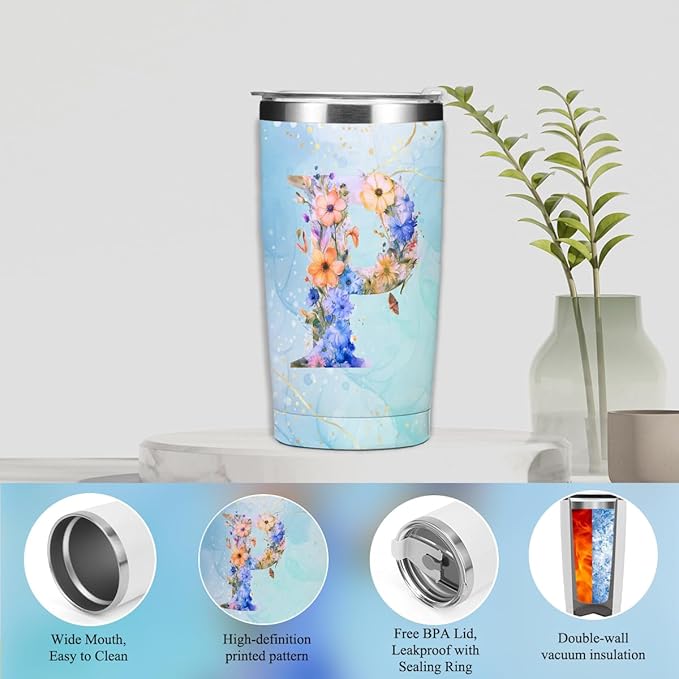 Personalized Gifts Monogrammed Birthday Gifts for Women, Mommy, Female Going Away Christmas, Initial 20 oz Tumbler, Makeup Cosmetic Bag Cup Pens Journal Notebook 6 Set, (Aesthetic Blue Flower P)