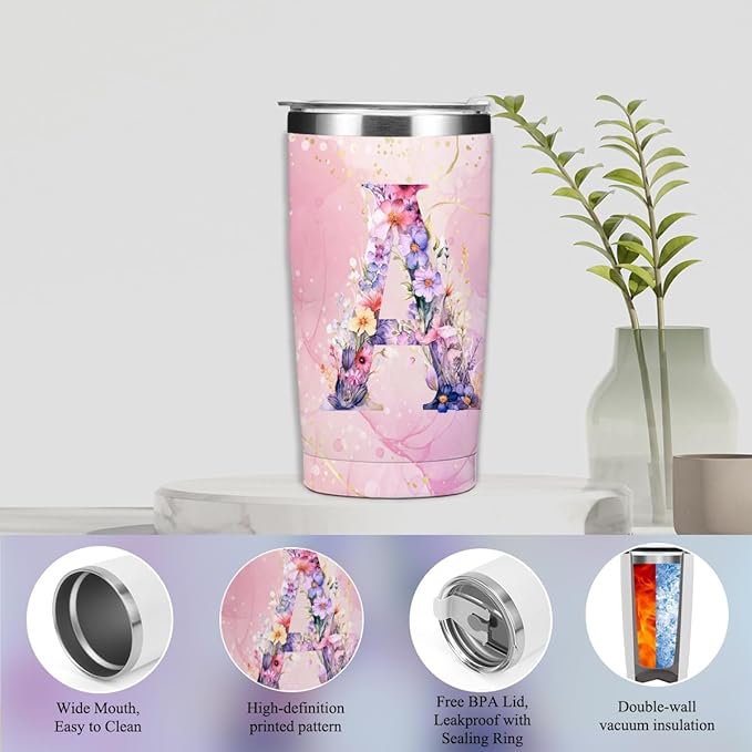 Personalized Gifts Monogrammed Birthday Gifts for Women, Bridesmaid Bachelorette Party Wedding Christmas Initial 20 oz Tumbler, Makeup Bag Pens Journal Notebook 6 Set, (Aesthetic Pink Flower A)
