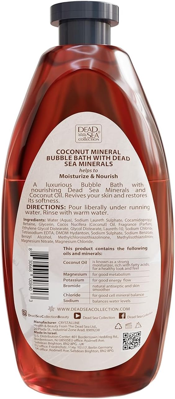Dead Sea Collection Bubble Bath with Coconut for Women and Men - Coconut Oil and Pure Dead Sea Minerals - Nourishing and Moisturizing Skin - Pack of 2 (67.6 fl.oz)