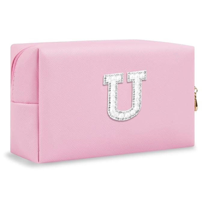 ChaoGreat Bride Gifts – Personalized Initial Makeup Bag with Pearl Rhinestone Patch, Preppy Pink Monogram Cosmetic/Toiletry Pouch, bridesmaid Gifts, Bridal Shower Gifts, Wedding Gifts, Bridal Gifts,U
