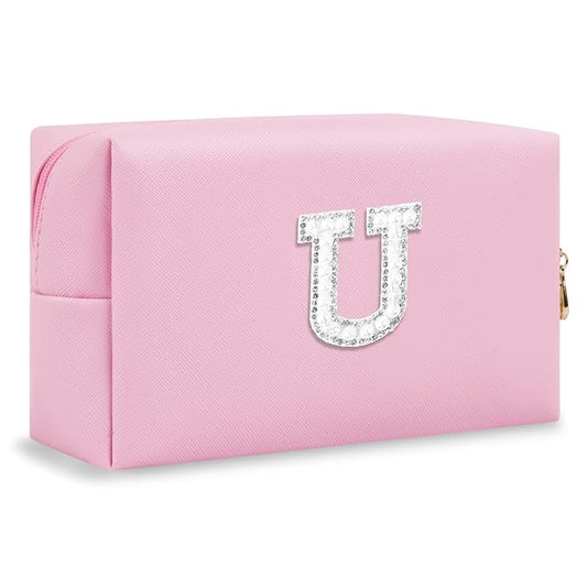 ChaoGreat Bride Gifts – Personalized Initial Makeup Bag with Pearl Rhinestone Patch, Preppy Pink Monogram Cosmetic/Toiletry Pouch, bridesmaid Gifts, Bridal Shower Gifts, Wedding Gifts, Bridal Gifts,U