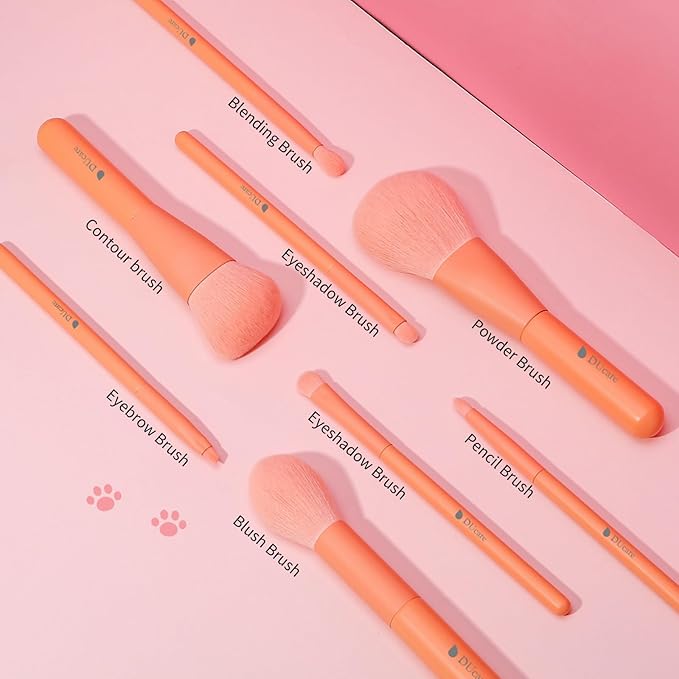 DUcare Professional Makeup Brushes Set 8pcs with Case, Make up Brush Set Kabuki Foundation Contour Blending Face Powder Blush Concealers Eyeshadow Eyebrow Brush Synthetic, Travel Gifts Set Salmon Pink