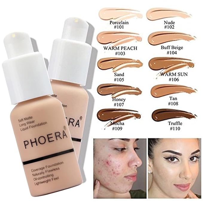 PHOERA Foundation, PHOERA Matte Liquid Foundation,PHOERA Makeup for Women, PHOERA Foundation Full Coverage Concealer, 30ml 24HR Matte Oil Control Concealer (109-Mocha)