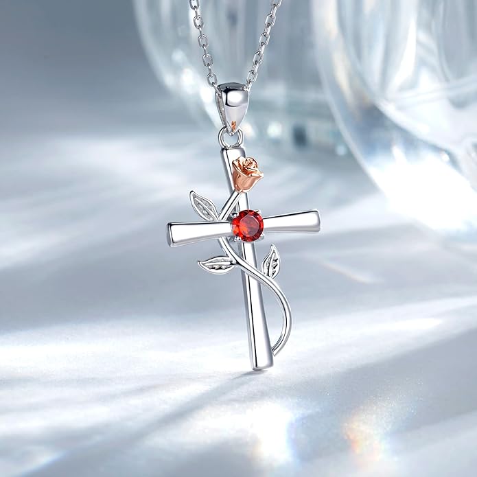 Cross Necklace for Women, 925 Sterling Silver Birthstone Necklace for Women with Rose Flower Birthstone Womens Jewelry Birthday Gifts for Wife Women