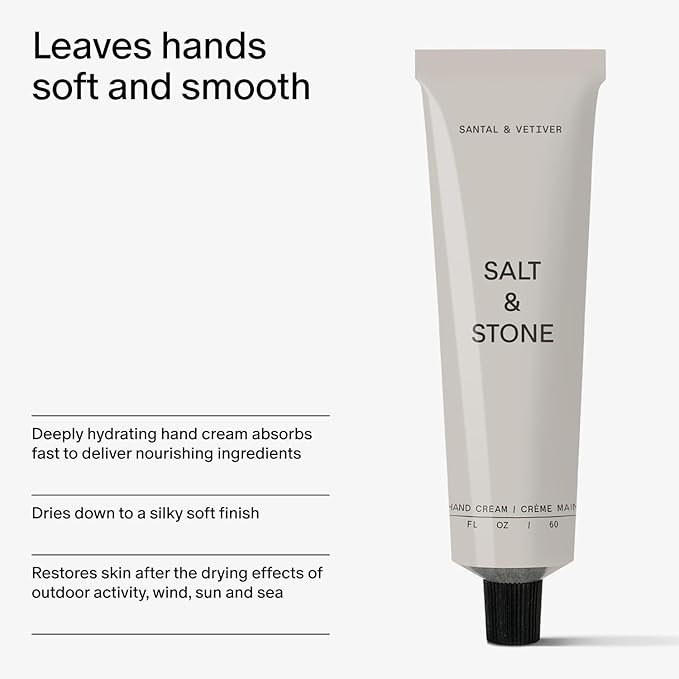 Salt & Stone Hand Cream for Women & Men | Santal & Vetiver | Hydrates, Nourishes & Softens Skin | Restores Dry Cracked Hands | Fast-Absorbing | Cruelty-Free & Vegan (2 fl oz)