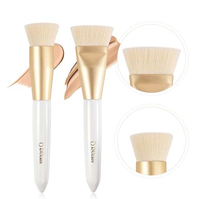 Ducare Foundation Brush and Angled Blush Brush 2Pcs Makeup Brushes Set, Premium Flat Top Kabuki Brush Fluffy Blush Brush for Cheek for Quick Blending Makeup Setting