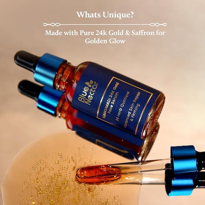 Blue Nectar 24K Gold Serum with Pure Kumkumadi Oil for Face | Ayurvedic Collagen Face Serum for Skin Tightening & Natural Radiance (24 Herbs, 0.33Fl Oz)