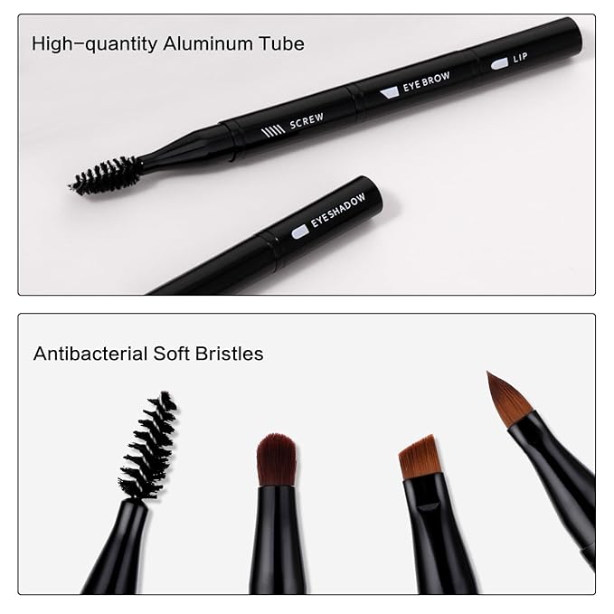 simarro 4 in 1 Makeup Brush Set, Portable Travel Size Make Up Brushes Detachable Eyeshadow Brush Eyebrow Brush Screw Brush Lip Brush for Foundation, Concealer, and Powder Liquid (Black)