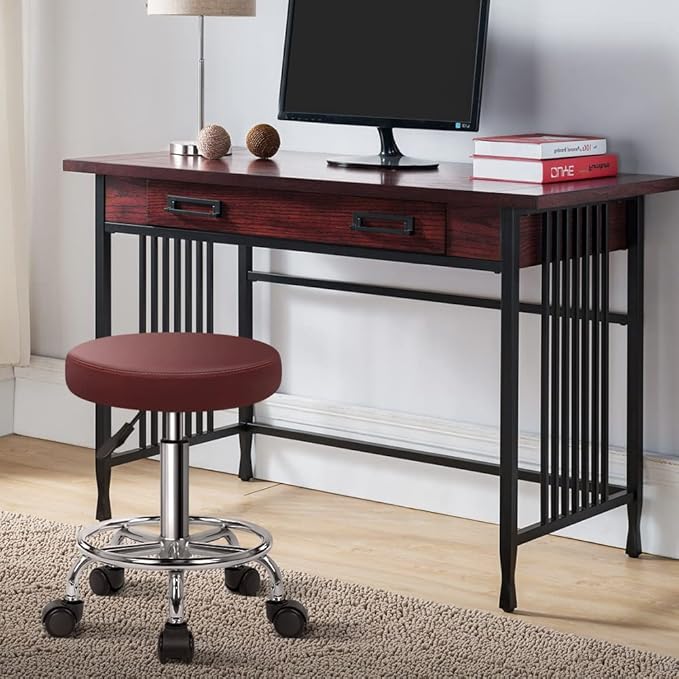 KKTONER PU Leather Round Rolling Stool with Foot Rest Swivel Height Adjustment Spa Drafting Salon Tattoo Work Office Massage Stools Task Chair Cushion 14 inches (Red)