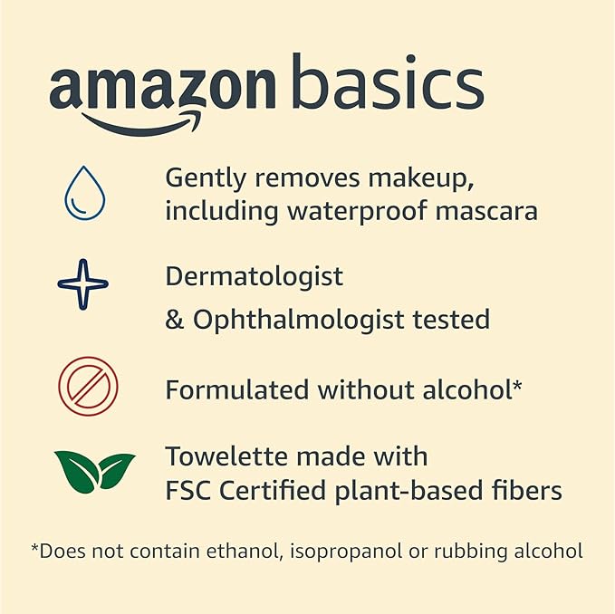 Amazon Basics Makeup Remover Wipes, Gentle Cleansing, Dermatologist Tested, Original, Plant Based, Alcohol Free, Removes Waterproof Mascara, 25 Count Per Pack, Pack of 1 (Previously Solimo)