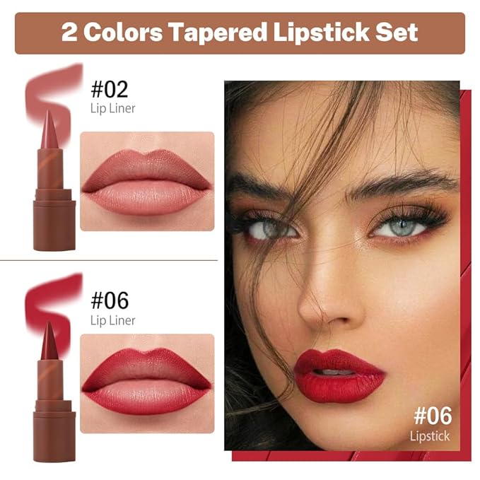 2in1 Gradient Lip Liner & Lipstick Combo,Matte Longwear Waterproof Lip Pencil with Cone Tip,Smudge Proof Crayon for Flawless Ombre Contour,Women's Long Lasting Makeup Set (02Blush Taupe+06Berry Burst)
