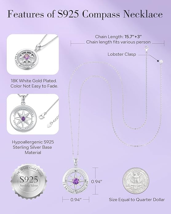 S925 Necklace Gift for Wife |Compass Jewelry |Women Anniversary |Sterling Silver |Girlfriend Birthday Gifts for Her Valentines |I'd be Lost without You |Jewel 18K Gold