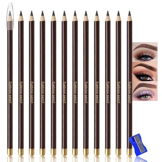 12Pcs Dark Brown Eyebrow Pencils for Women,Wooden Hard-Core Eyebrow Eyeliner Pencil,Sharpener Included,Long Lasting Waterproof Sweat-proof Create a Natural Eye Brow Makeup,Beginner Brow Pencil,Vegan