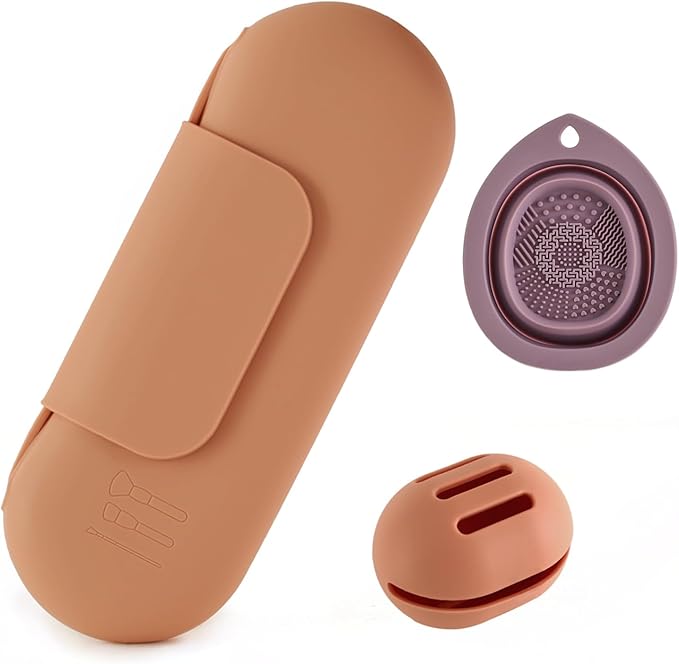Silicone Makeup Brush Holder Set – Portable Travel Makeup Brush Holder with Makeup Sponge Holder and Foldable Cleaning Bowl – Upgraded 3-in-1 Cosmetic Organizer Set (coffee color)
