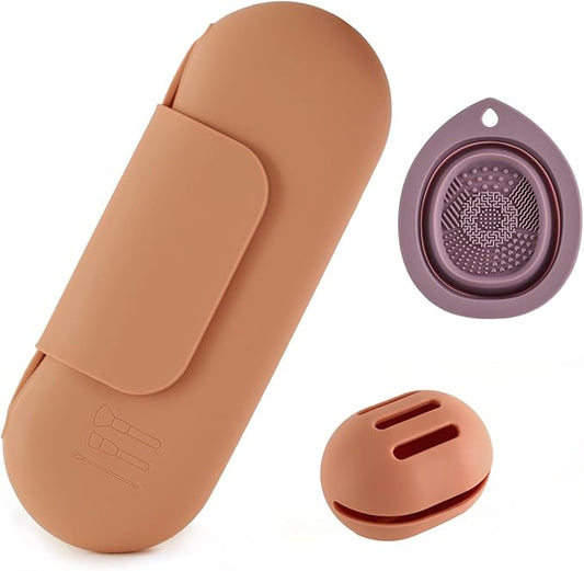 Silicone Makeup Brush Holder Set – Portable Travel Makeup Brush Holder with Makeup Sponge Holder and Foldable Cleaning Bowl – Upgraded 3-in-1 Cosmetic Organizer Set (coffee color)