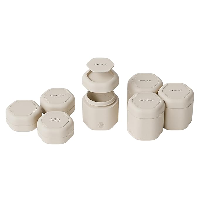 Cadence Travel Containers - Daily Routine Capsule Set - Magnetic Containers with Lids,4 Flex Mediums (1.32oz) & 3 Flex Smalls (0.56oz) - Shampoo, Conditioner, Body Wash, Pills, & More - Sand