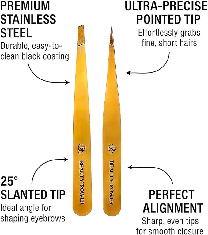 Professional Tweezers Set – Slant & Point, Ultra Precision German Stainless Steel Tweezers for Eyebrows, Chin, Ingrown Hair & Facial Grooming – Lightweight with Travel Case (Matte Gold)